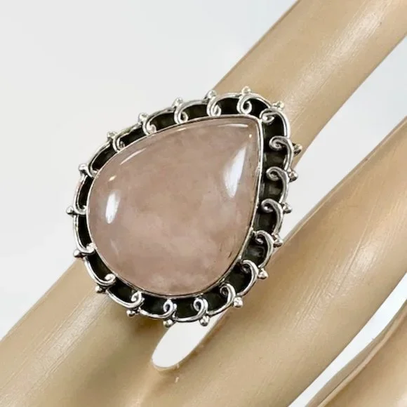 Rose Quartz Ring, Sterling Silver, Big Statement, Size 5 3/4, Vintage Ring, NOS, - Picture 1 of 6